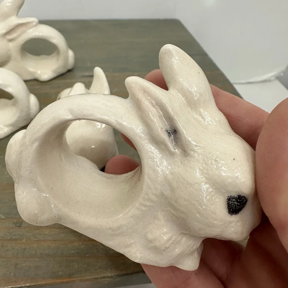 Set Of 6 Ceramic White Bunny Rabbit Napkin Ring Holders Handmade Easter Bunnies